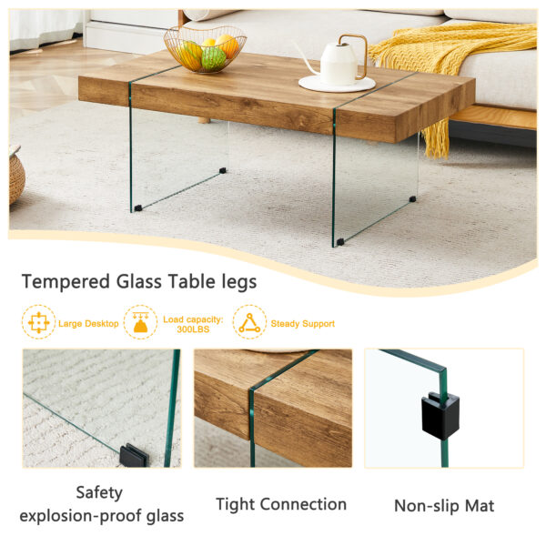 1377bdf388a448809e1b7f450eb9e1f9_3c7c06bdf00f8b69940a7b3bda2d8431 43.3"x23.6" Wood colored texture sticker MDF Coffee Table with Tempered glass legs.Suitable for Living Room.It can be used not only as a coffee table but also as a side table or display stand.