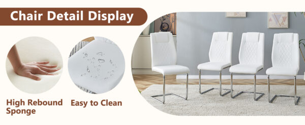 13842c3c104b4e79a2147f4d80161d82_14aeaa7297a3acacb51951155c0d9f64 Table and chair set.63"x31.5x30" Luxurious Snow Mountain Patterned Sintered Stone Table with Silver Stainless Steel Butterfly Legs.Paried With 6 White High-quality PU Chairs With Arched Metal Legs.