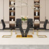 Table and chair set.Luxurious Tempered Glass Dining Set - 63"x35.4" with 4 Comfortable Black PU Chairs With Golden Arched Metal Legs .V-Shaped Support Design Table Leg.