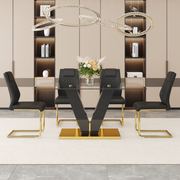 13aa7a58639c46e49aeb13c89e8b6779_e8f07e368c858539142b8a7a1841e553 Table and chair set.Luxurious Tempered Glass Dining Set - 63"x35.4" with 4 Comfortable Black PU Chairs With Golden Arched Metal Legs .V-Shaped Support Design Table Leg.
