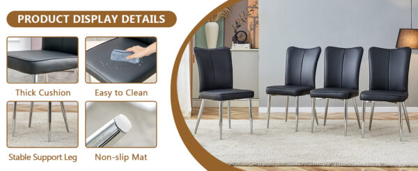 13ac26b531b44e9ab6f59bf98f014384_a654a96bdcb55c3af2f06e13a84f02cd Table and chair set.63"*35.4" White Imitation Marble Pattern MDF Dining Table Set - 4 Black PU Chairs with a vertical stripe design on the backrest.Create Your Exclusive Low-Key Luxury Space.