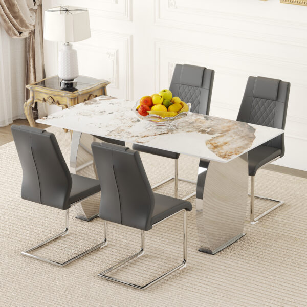 13b9fb94836b44f69724fb1afb4ad73f_04b01322f5df24ff499548eb2bdbd095 Table and chair set.63*31.4 Inch Pandora Patterned Sintered Stone Dining Table Set - 4 Dark Gray Chairs With Silver Metal Legs.Modern Light Luxury.Perfect For Dinner Room,Meeting Room,Kitchen,etc.