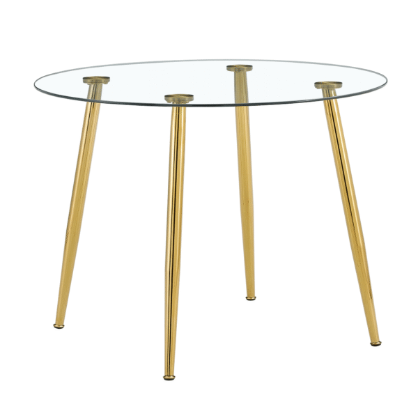 13c84aa428bb4723a0fda9245a4ba890_58b21ae7270199d0e1d659582345547b Round dining table with glass top, gilded metal legs, exquisite living, starting from the details, the gold legs show an extraordinary texture, which is the finishing touch to your home