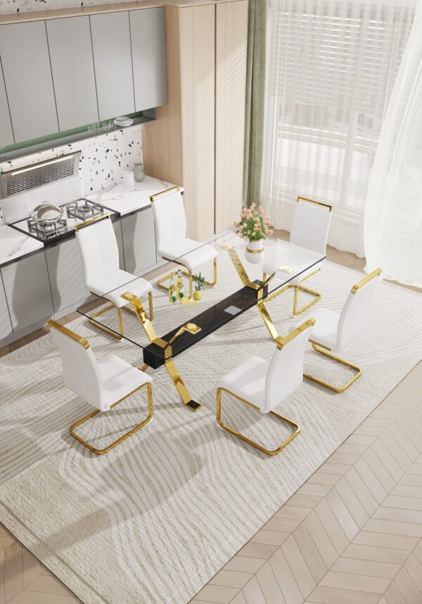 13e80acde9784de3b94b041eee89a2aa_20230727_6f418fe2d8dfc4ad65da65a782ee4101 Dining table. Modern tempered glass dining table. Large modern office desk with gold plated metal legs and MDF crossbars, suitable for both home and office use. Kitchen. 79 ''x39''x30 '' 1105