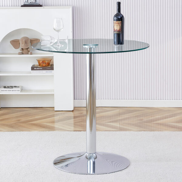 13fd59eb6d33400ebbb162336412d56c_6bad3034dd260e0a42dd723ab60e7123 A glass tabletop with a diameter of 35 inches and a modern minimalist circular dining table with electroplated silver metal legs. Suitable for restaurants, living rooms, and conference rooms.BT-1166