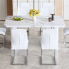 Table and chair set.64.5 x 35.4 Inch Stylish White Marble Textured Dining Table,Perfectly Blending Simplicity And Transparency.Paried With 6 White High-quality PU Chairs With Arched Silver Metal Legs.