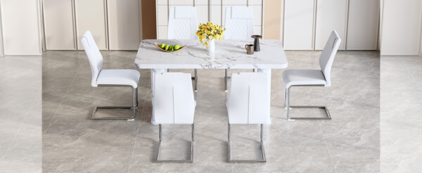1400254d707b4139b8e3050164778c4f_c5c5e5b05f6bd36af412d430b8e1847f Table and chair set.64.5 x 35.4 Inch Stylish White Marble Textured Dining Table,Perfectly Blending Simplicity And Transparency.Paried With 6 White High-quality PU Chairs With Arched Silver Metal Legs.