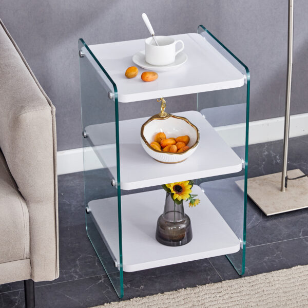 14219b66108041caa32f811726a352ef_d781159fe5af492b6d28414169d95853 Three levels of bedside tables. The board surface is MDF, with white stickers, and both sides are transparent tempered glass. The design is simple and generous, with storage function.