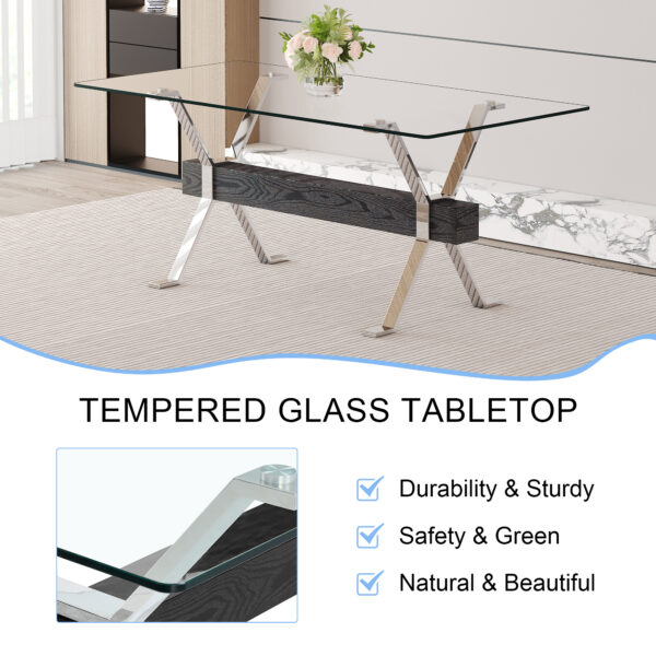 142bd99ea9134dfba9ba5144372da2f5_bb74f25b24669b646d39ba54e4fd6190 Dining table. Modern tempered glass dining table. Large modern office desk with silver plated metal legs and black MDF crossbars, suitable for both home and office use. Kitchen. 71 ''x35.4''x30 ''