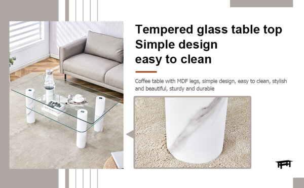 143afcccf3634de285f256926ddb10f7_20240311_d538199b15a38535fd0cdf9ae209a111 Modern minimalist double layered transparent tempered glass coffee table and coffee table, paired with white MDF decorative columns. Computer desk. Game table. CT-X02
