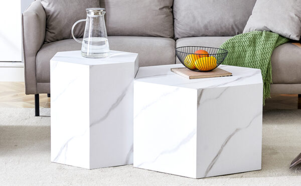 145ad8abdf074ec0a4e7f2676506a8a6_cc07d68c328af14984c35f59f4439f63 Modern minimalist style hexagonal white marble patterned MDF coffee table set (two-piece set) .Complex texture patterns, style and texture coffee table to redefine your interior decoration.