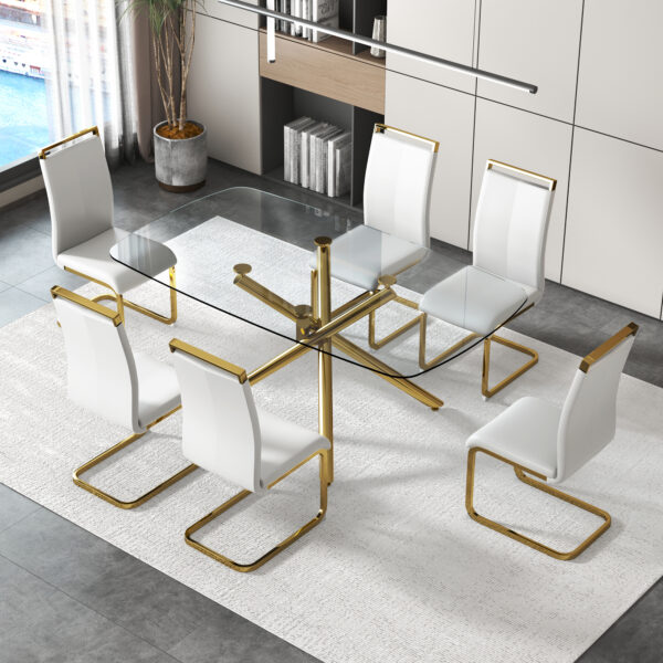 1461cfb360914336a54672beb9860e4f_20230717_d384c58fb2eaa21127fd069239d49a87 Large Modern Minimalist Rectangular Glass Dining Table for 6-8 with 0.39" Tempered Glass Tabletop and Golden Plated Metal Legs,for Kitchen Dining Living Meeting Room Banquet hall 71'' x 39'' x30''1537