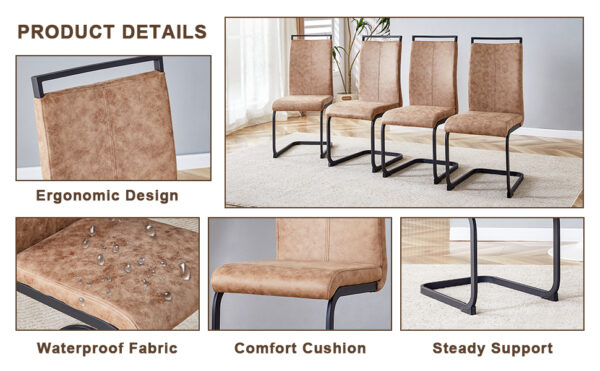 146431dd766347e4a29c1892b4d07ed5_84e2554a22837315e7b9ffc5849caf8a Table and chair set.Wood Texture MDF Coffee Table - Reinforced with Tempered Glass Legs.Paired with 4 brown technology fabric chairs with Featuring arched black legs.