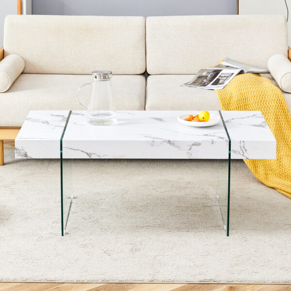 148dc46f51a5445ca65b09d6abe4c944_c4ac5615c3cf38fc15cfbf962473448e 43.3"x23.6" White Marble-Patterned MDF Coffee Table with Tempered glass legs.Suitable for Living Room.It can be used not only as a coffee table but also as a side table or display stand.