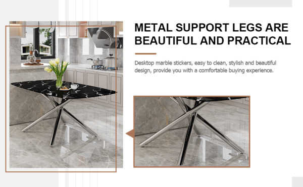 1499c3ec84fd41eba280d5c3e99a0580_0bd193659bb3cb4744a020627bc9c31b Large modern minimalist rectangular dining table with 0.39 "imitation marble black tabletop and silver metal legs, suitable for kitchen, dining room, living room, conference room.W1151S00985