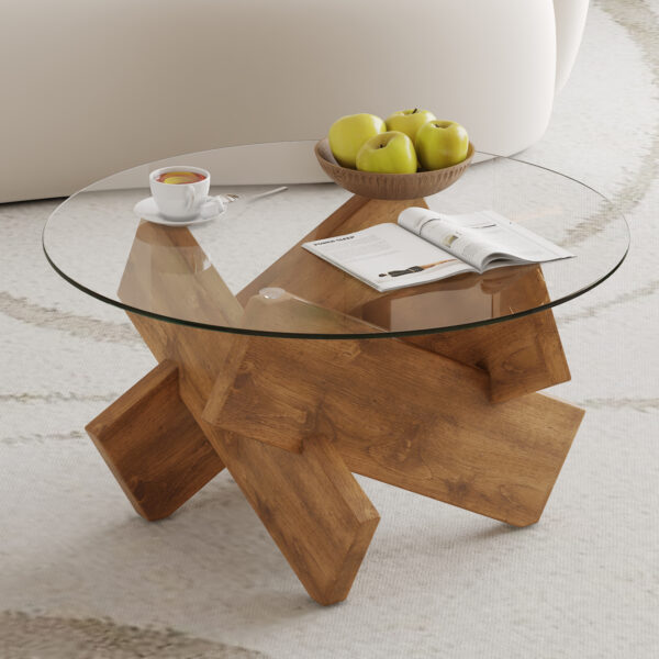 Circular glass coffee table, 33.4-inch modern and distinctive design tea table. Tempered glass countertop, wood colored MDF table legs. Suitable for living rooms and farmhouses