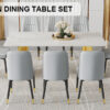 Table and chair set.The table has a glass top with imitation marble pattern stickers and stainless steel golden legs. Paried with chairs with PU artificial leather backrest cushions and black legs.