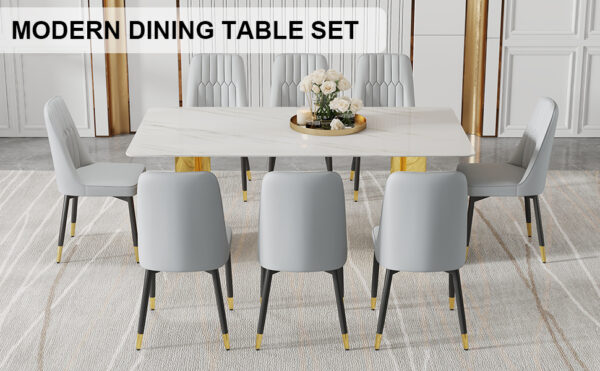 14f27285344846afa0d5597119925764_353d4ec53d221c1b7511367a253142a6 Table and chair set.The table has a glass top with imitation marble pattern stickers and stainless steel golden legs. Paried with chairs with PU artificial leather backrest cushions and black legs.