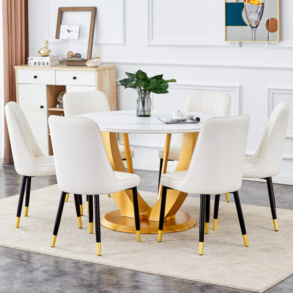 15162df7479d414f8edc0ce3983f8cd0_bf17f47e01adcf6743c77e985aa49980 Table and chair set.Luxurious Snow Mountain White Slab Round Dining Table Set - 47"x47" with 6 White PU Chairs.Sintered Stone Tabletop,MDF Table Leg,