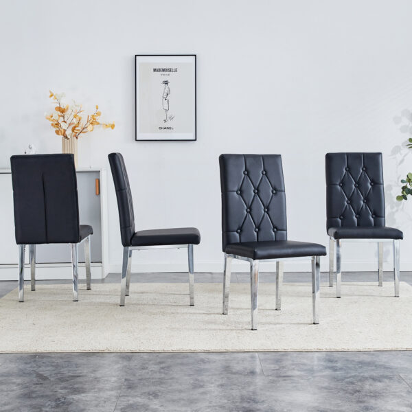 152e35bc810f4735bccf0693f1692cc6_20240318_2feddc5fbe68eb06f1675c5d460cc029 4 piece set of black armless dining chairs brings a touch of elegance and mystery to the dining area with its deep black tone,The grid and buckle design of the back add a vintage yet fashionable touch