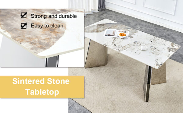 152ff055c8e54632ab41d99074baf7e6_3b0d707212501c246e25b33e8f312d08 Table and chair set.63"x31.5x30" Luxurious Pandora patterned Sintered Stone Tabletop with Silver Stainless Steel Butterfly Legs.Paried With 6 Black High-quality PU Chairs With Arched Metal Legs.