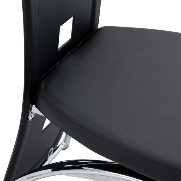 1535247e9971440799f2af2a8e6fb8d3_dd0364b3ea96a8c3b98256f6dce0c4f4 Table and chair set.63"*35.4" White Imitation Marble Pattern MDF Dining Table Set - 6 PU Chair With Black Saddleback, Geometric Pattern Backrest,Silver Curved Metal Leg..Suitable For Various Scenes.