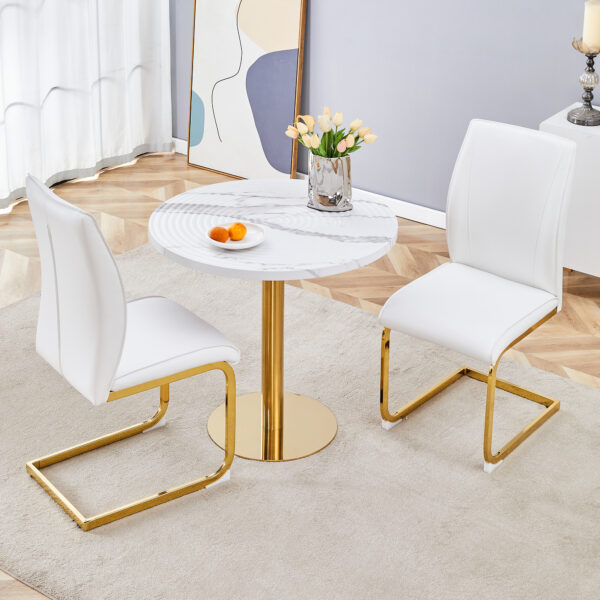 153fb7e6c72245cfbbc7294d5a6d7ce8_8df85c12ffad58b5f082da1ba706bc2e Table and chair set.31.5 Inch Elegant White Marble Pattern Round Dining Table - Suction Molding Annular Texture.Paired With 2 White PU Material High Resilience Dining Chairs.