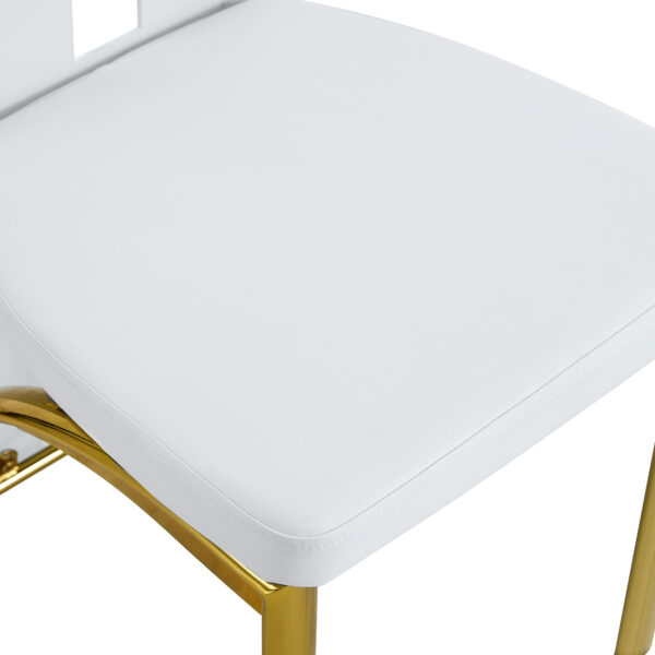 1550d82d063f4edeb03e699da643b910_bb8ae80aaa0f380e36a5118b43267b30 Table and chair set.63"*35.4" White Imitation Marble Pattern MDF Dining Table Set - 4 PU Chair With White Saddleback, Geometric Pattern Backrest,Golden Curved Metal Leg.Suitable For Various Scenes.