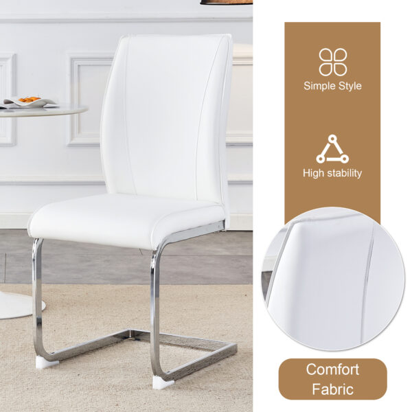 155c345fe4a34df582eb6edcfa037653_67be65568be3faf53e2dc3d774ed2318 Table and chair set.Hourglass-Shaped Stable Small Round Table -31.9" * 31.9" With 4 Soft and Comfortable White PU Chair With Arched Metal Silver Leg.Create Your Exclusive Low-Key Luxury Space.