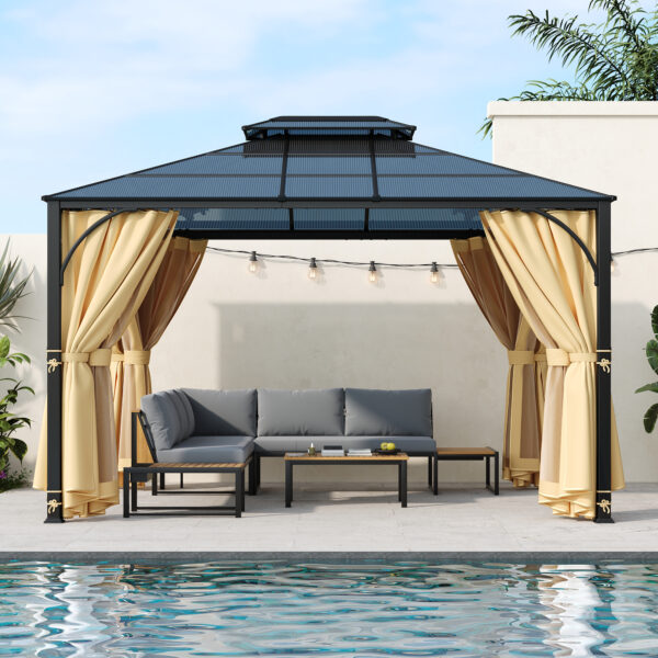TREXM 10'x12' Hardtop Outdoor Gazebo, Heavy Duty Double Roof Patio Gazebo with Aluminum Frame, Double-Layer Side Walls Mosquito Netting & Privacy Curtains for Patio, Garden, Backyard (Beige)