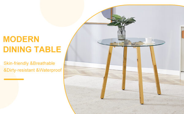 1570917585dc44e1813aba63fd2b1b24_023702c1796f919ebf74ed9ca83bf296 Modern Luxurious Round Tempered Glass Dining Table with Gold 7-Shaped Metal Legs,suitable for family meals, office conferences, or as a casual coffee table for various occasions.36*36*29.5
