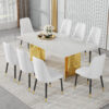 Table and chair set.The table has a glass top with imitation marble pattern stickers and stainless steel golden legs. Paried with chairs with PU artificial leather backrest cushions and black legs.