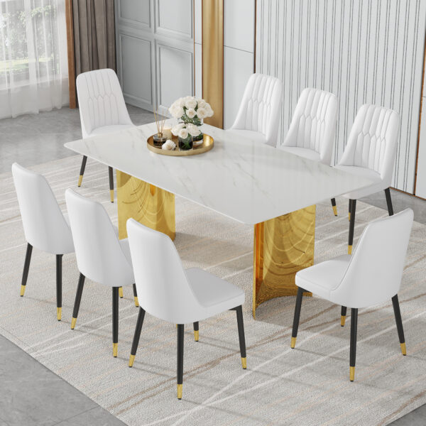15950e02eb404e07887a158bb438f82a_33f51558dead1e992622134f580a2f17 Table and chair set.The table has a glass top with imitation marble pattern stickers and stainless steel golden legs. Paried with chairs with PU artificial leather backrest cushions and black legs.