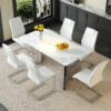 Table and chair set.63*31.4 Inch Luxurious Cold Jade Sintered Stone Dining Table Set - 6 White High-quality PU Chairs With Arched Silver Metal Legs.Perfect For Dinner Room,Meeting Room,Kitchen,etc.
