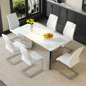 Table and chair set.63*31.4 Inch Luxurious Cold Jade Sintered Stone Dining Table Set - 6 White High-quality PU Chairs With Arched Silver Metal Legs.Perfect For Dinner Room,Meeting Room,Kitchen,etc.