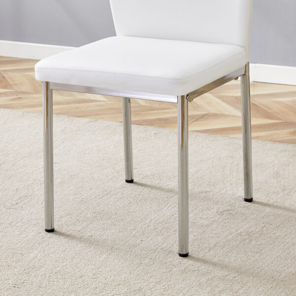 15ab7a03d9e341de9caa81bb77209a15_14deaf88fa41453d41eb3b5355bb652a Luxury Simple Chair - Set of 6 White PU Material High Resilience Dining Chair with Metal Silver Leg.The Chair Back Has a Vertical Stripe Design With Smooth And Uniform Lines.