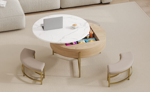 Modern Round Lift-Top Coffee Table with Storage & 3 Ottoman White & Natural
