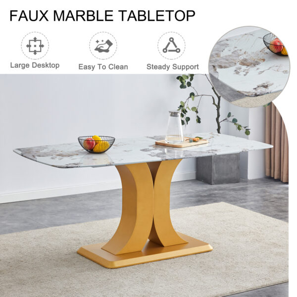 Table and chair set.71"x35.4"x30" Luxurious Pandora Patterned Glass Dining Tabletop with Golden Back To Back C-Shaped MDF Legs.Paried With 8 Black High-quality PU Chairs With Arched Metal Legs.