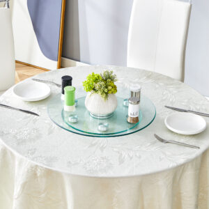 Double layer rotatable round glass.The rotatable design makes it more convenient to retrieve and place items.The upper glass has a diameter of 20 inches, while the lower glass15 inches.