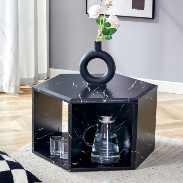 15f64e176bdc494a82eea1c2850a56df_5308db0446373204cdec93bbb38da6cd Hexagonal MDF coffee table, characteristic pattern stickers, multi-hole design to give more storage space, simple and convenient design makes it suitable for all kinds of style scenes.