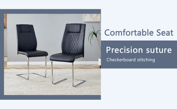 15fdb74dcf20414e9dd88718a87b012a_57a3a8338efcaeff983e648429f04e31 Table and chair set.63"x31.5x30" Black Marble-Patterned Slabs Tabletop with Stainless Steel Butterfly Legs.Paried with 6 Black high-quality PU chairs with silver metal legs.