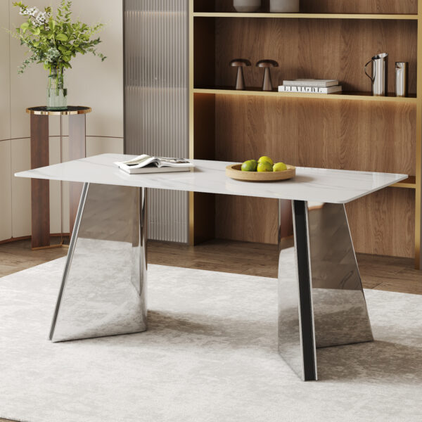 16034866fed4465c81550c7a77caa074_2d8abbdcf0c1c468920a2ed38df09add 63"x31.5x30" Luxurious Snow Mountain Stone Sintered Stone Dining Table with Silver Stainless Steel Butterfly Legs.The tabletop is designed to be scratch and heat resistant.
