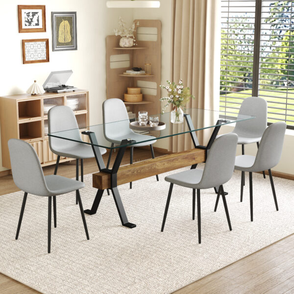 160fcdb4dd1e4b058b12dd508570cc1f_cd2f91ac56bbc1f90bb4db1629f1886f Table and chair set.79"x31.5" with X-shaped Black Metal Table Legs,Wood Grain Textured MDF Crossbeam.Paired With 6 Chairs Made Of Light Gray Lnen Fabric.Iron pipe spraying Legs.