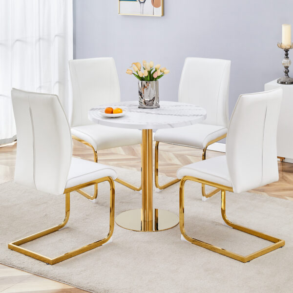 1619743940cd4f4aa337def12cfb1aeb_062d6805e9305c88d97cee6ffed0ba40 Table and chair set.31.5 Inch Elegant White Marble Pattern Round Dining Table - Suction Molding Annular Texture.Paired With 4 White PU Material High Resilience Dining Chairs.