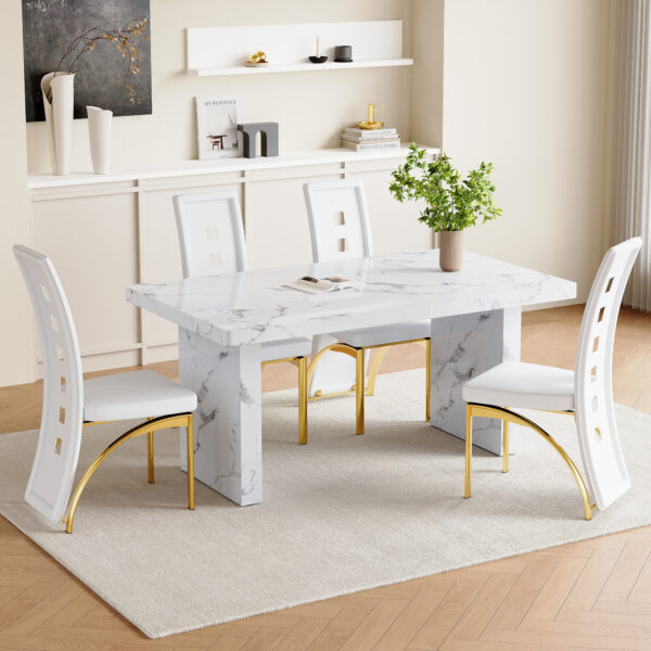 16205f0e425442c09ea2c0f3cc371fb5_45e45e5b03e262707552f4ed800c2f82 Table and chair set.63"*35.4" White Imitation Marble Pattern MDF Dining Table Set - 4 PU Chair With White Saddleback, Geometric Pattern Backrest,Golden Curved Metal Leg.Suitable For Various Scenes.