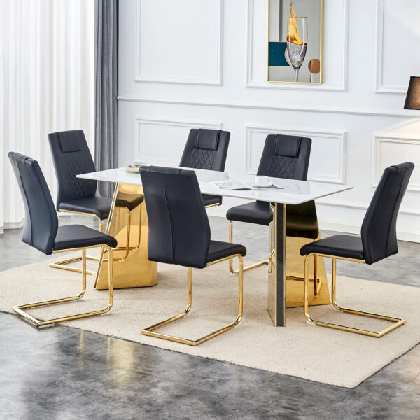 162af97d4c1a4dc7b4648796c72d2285_5cfc4fc5f7b435231445e7fef936517f Table and chair set.63"x31.5x30" Luxurious Snow Mountain Patterned Sintered Stone Table with Golden Stainless Steel Butterfly Legs.Paried With 6 Black High-quality PU Chairs With Arched Metal Legs.