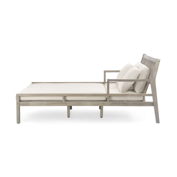 TREXM Outdoor Daybed, Patio Daybed with Four Pillows, Wooden Outdoor Bed with Curved Armrests for Poolside, Backyard, Garden (Gray+Beige Cushion)