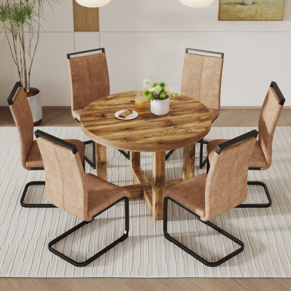 164692159c4f4375ad2ecda89affb8d7_20240222_7bd526c8ee820096c88b5ed1efb1abe4 A modern and practical circular dining table. Made of MDF tabletop and wooden MDF table legs. 6-piece technology cloth high backrest cushion side chair, C-shaped tube black metal legs. CT-403 C-1162