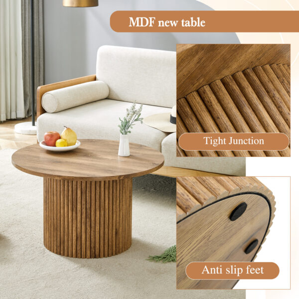 16a723972ad84f8eb0e493fec6110af4_9bfd37004b39dd16d0c83520f0638459 A modern circular coffee table with a diameter of 27.5 inches interprets home aesthetics and practicality. MDF material,cylindrical table leg design.Becoming the visual focal point of home decoration.