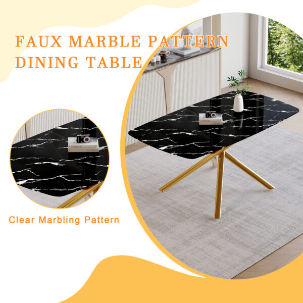 16a900d0949a479fbbf6ca9dc3f648fb_8842c672496ae946ba51b4ff76695700 63"x35.4" Luxurious Black Marble-Patterned Tempered Glass Dining Table.Single Fork Golden Metal Table Legs.Tempered Glass Table Top,Golden Metal Leg.Make it Adaptable To Various Decoration Styles.